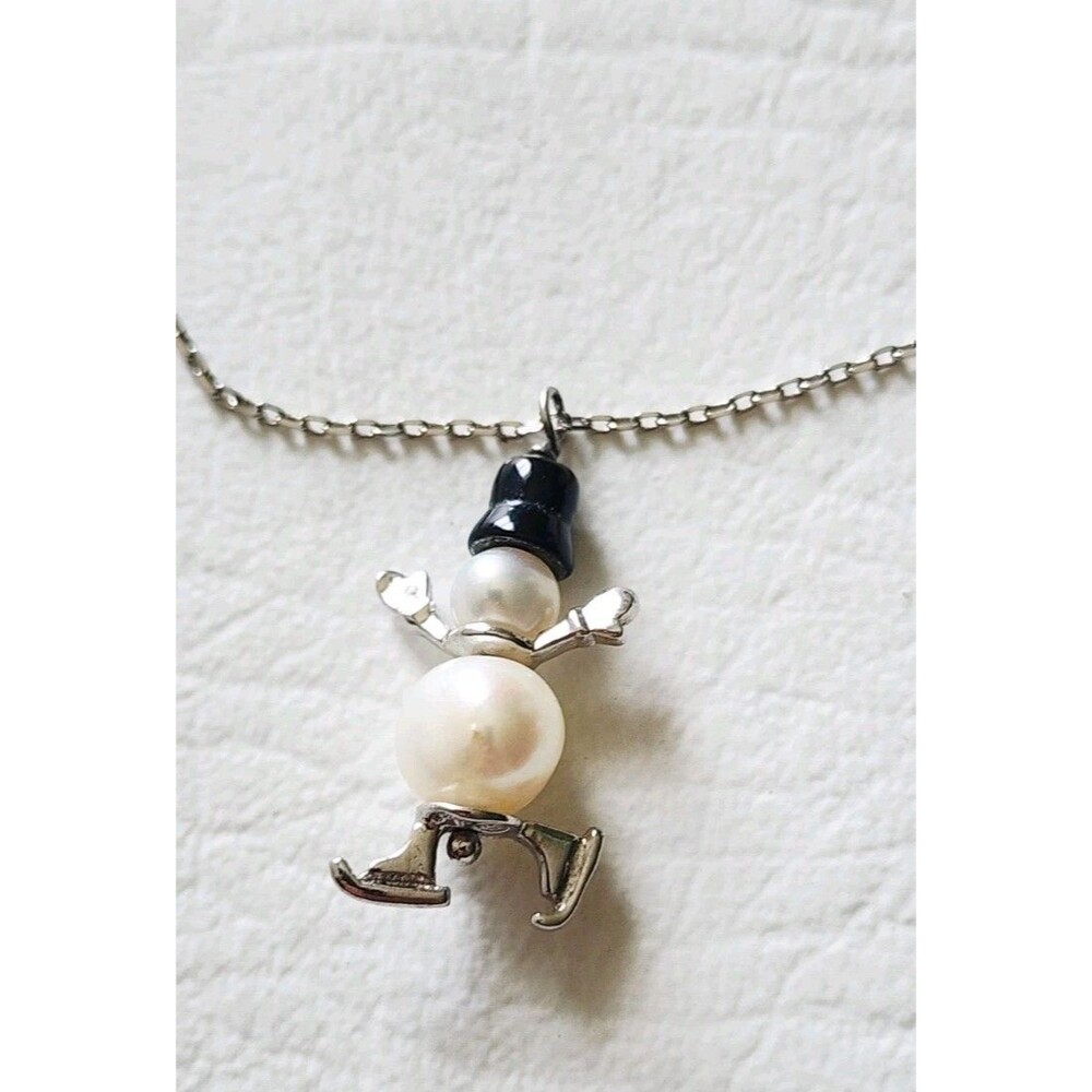 Vintage .925 Sterling Silver Freshwater Pearl Snowman Ice Skits Pendant Necklace